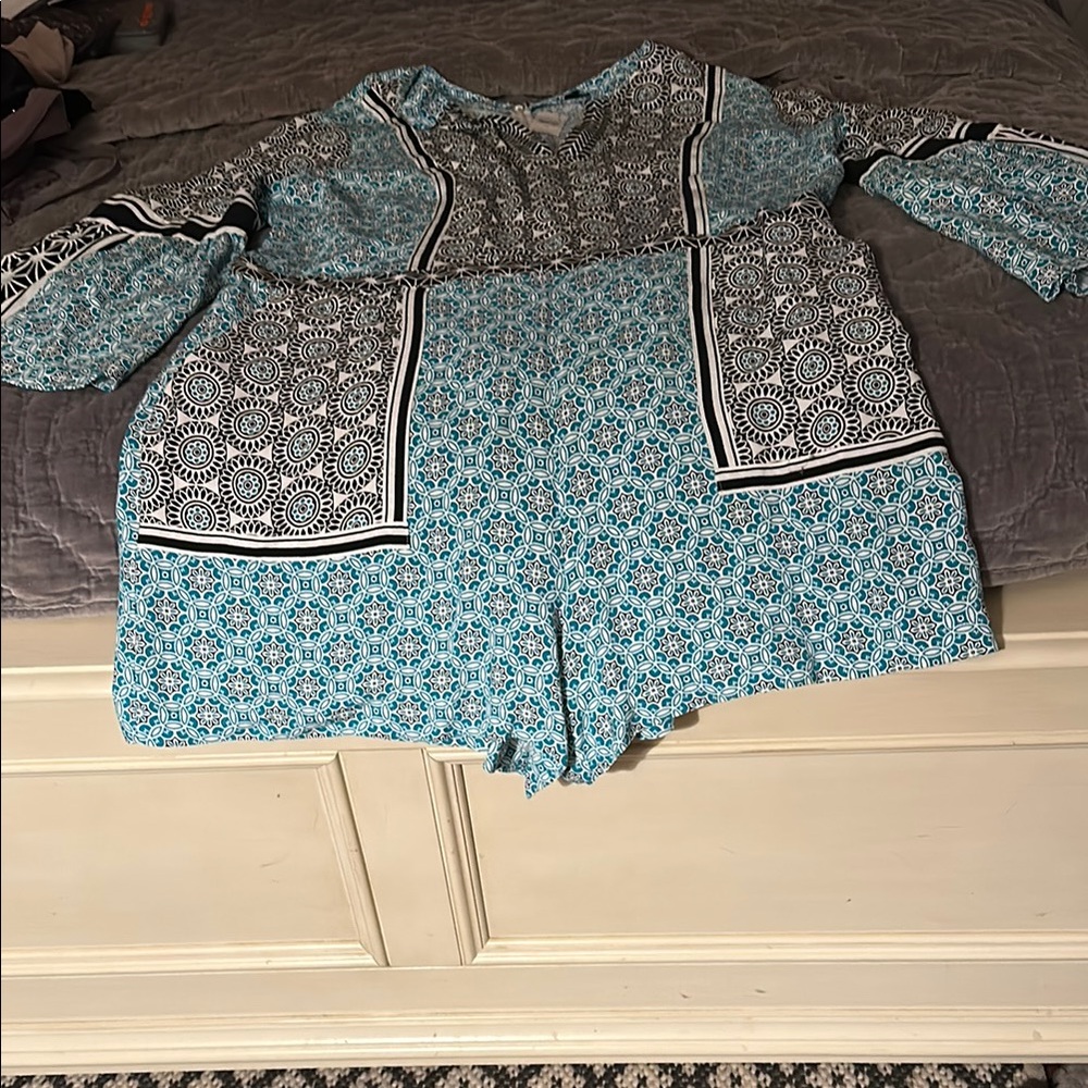 LOFT Blue and Black Patterned Long Sleeve Dress